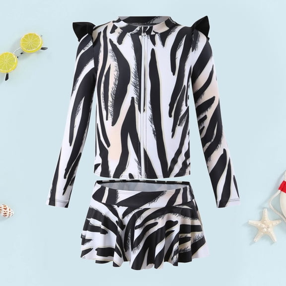 JIAYUE Swimsuit Set For Children Girls Tie Dye Long Sleeve Drop Shoulder Collared Zipper Two-Piece Sets Swim Skirt Sunproof For Little One Casual Swim Wear