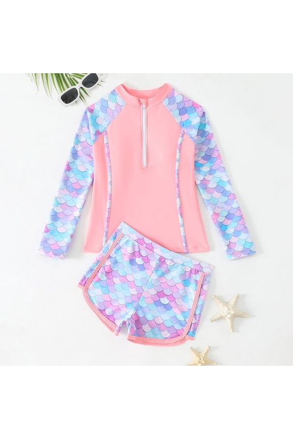 Swimsuit Set For Children Girls Fish Scales Long Sleeve Drop Shoulder Collared Zipper Bikinis Shorts Patchwork For Little One Casual Swim Wear