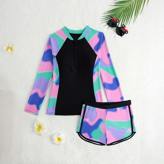JIAYUE Swimsuit Set For Girls Floral Long Sleeve Bikini Zipper Collared Patchwork Sunproof For Children Durable Swim And Sun Set