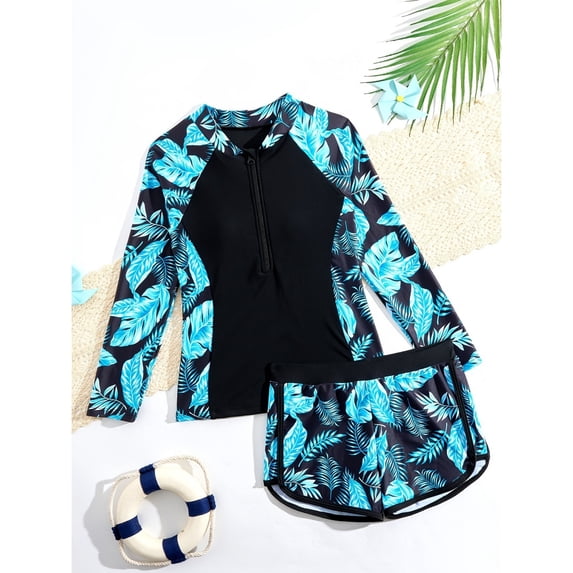JIAYUE Swimsuit Set For Kids Girls Floral Long Sleeve Bikini Zipper Collared Patchwork Sunproof For Children Durable Pool Set