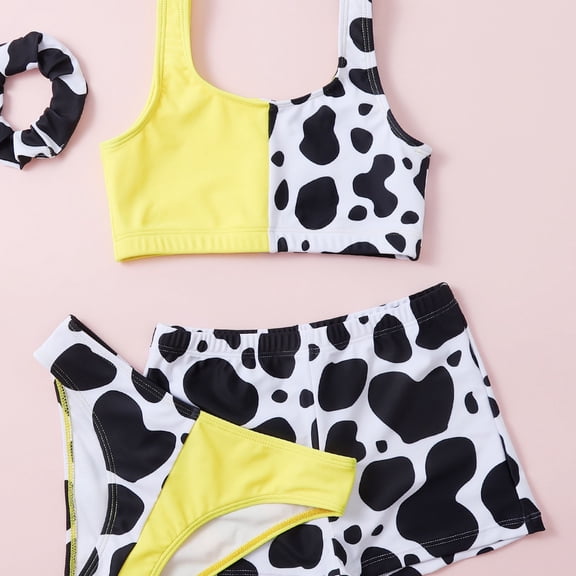 JIAYUE Swimsuit Set For Kids Girls Printed Sleeveless Standard Straps Bikini Pull-On Scoop Neck 3PCS For Girls Lightweight Swim Set