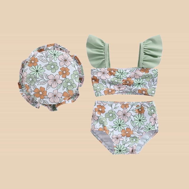 JIAYUE Swimsuit Set For Young Girls Floral Sleeveless Standard Straps Bikini Pull-On Square Neckline with Hat For Kids Cute Pool Set