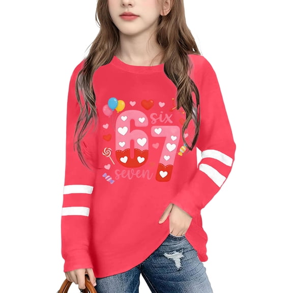 JIAYUE T-Shirts For Boys Girls Carnival 67 Graphic Print Long Sleeve Drop Shoulder Crew Neck Pullover Snug Comfy For Child Casual Playwear