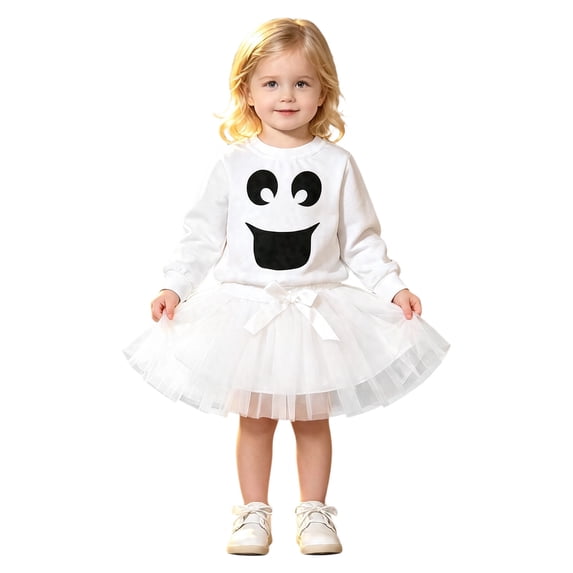 JIAYUE Toddler 2-Piece Halloween Outfit Crew Neck Long Sleeve Ghost Print Sweatshirt Bow Decor Tutu Skirt For Party Activities,18-24 Months