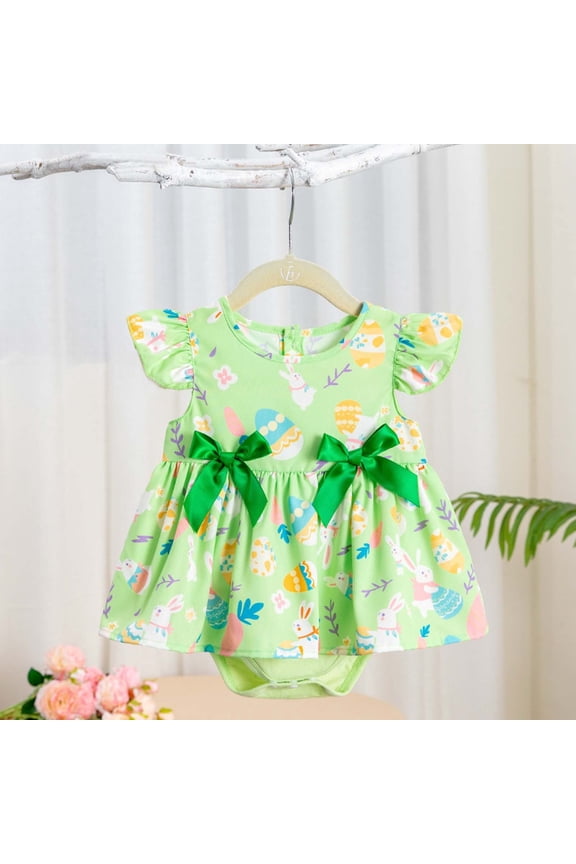 Toddler Dress For Girls Easter Flutter Sleeve Round Neck Bow Design Allover Pattern For Baby Soft Spring Clothing