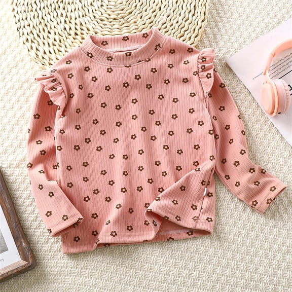 JIAYUE Tops For Girls Flutter Sleeves Floral Long Sleeve Round Neck Pull-On Snug Warmth Pullover Blouse For Kids Stylish Everyday Tops
