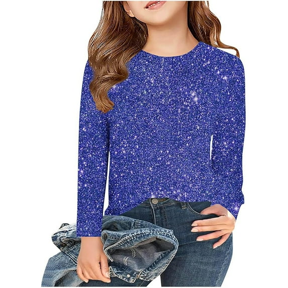 JIAYUE Tops For Kids Girls Sequins Solid Color Long Sleeve Crew Neck Pull-On Classic Fit T Shirt For Child Urban Stylish