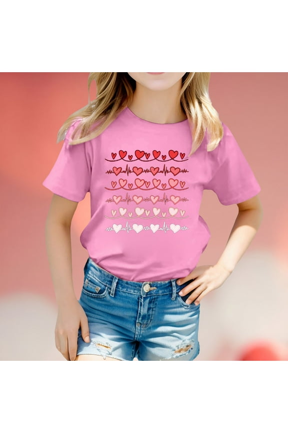 Tops For Kids Valentines Day Cartoon Print Short Sleeve Crew Neck Pull-On Lightweight T Shirt For Toddler Relaxed Basic
