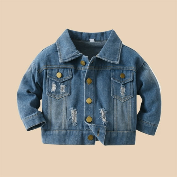 JIAYUE Tops for Boys Girls Long Sleeve Denim Jacket Distressed Collar Ripped Detail For Kids Vintage Style