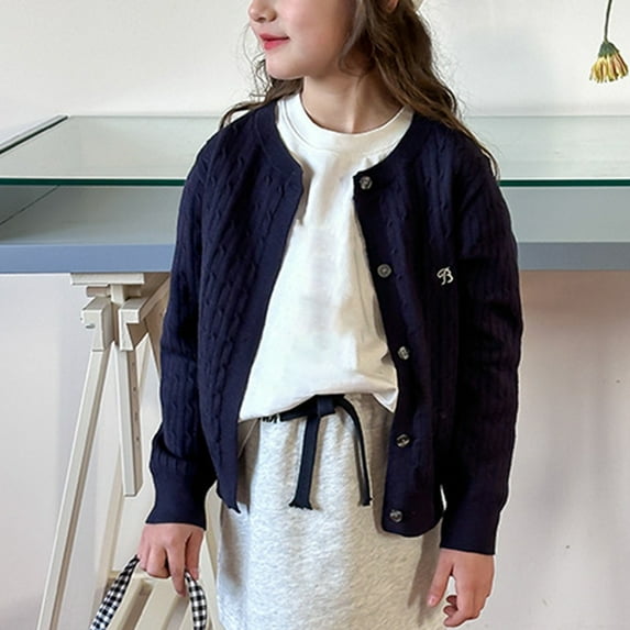 JIAYUE Tops for Girls Embroidery Detail Knit Cardigan Cable Pattern Button Front Solid Color For Kids Modern Apparel