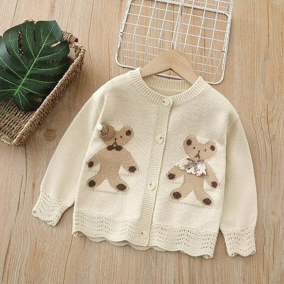 JIAYUE Tops for Girls Knit Cardigan Button Front Cartoon Print Hollow Hem Design For Kids Fashion Winter Wear