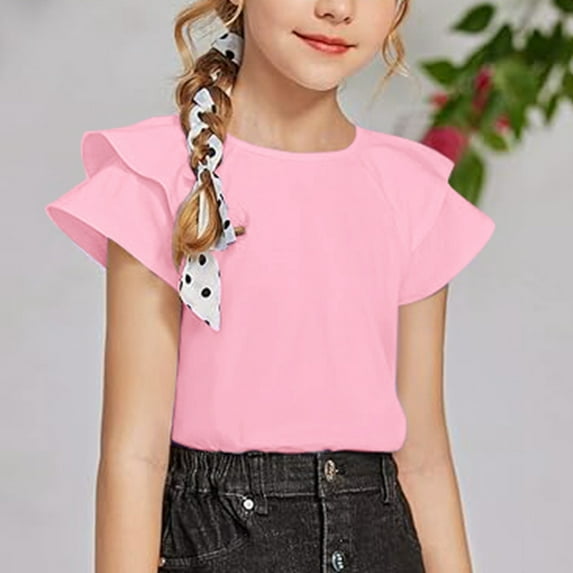 JIAYUE Tops for Girls Short Sleeve Ruffle Hem Tee Solid Color For Kids Flowy Summer Wear