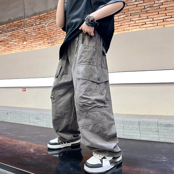 JIAYUE Trousers For Boys Girls Solid Color Straight Leg Cargo High Waist Multi Pockets Sweatpants For Children Cool Weather Comfy Outdoor Bottoms