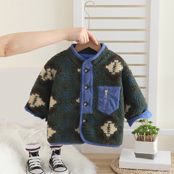 JIAYUE Unisex Coat Jacket For Kid Printed Long Sleeve Crew Neck Button Sherpa For Children Fashionable Dailywear Tops