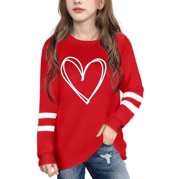 JIAYUE Valentines Day Blouses For Kids Girls Heart Print Long Sleeve Round Neck Pull-On Relaxed Fit Pullover Tops For Child Relaxed Everyday Tops