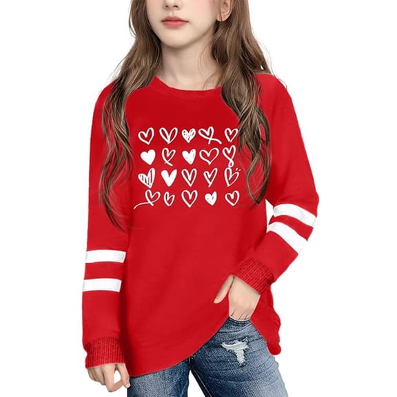 JIAYUE Valentines Day Blouses For Kids Girls Heart Print Long Sleeve Round Neck Pull-On Relaxed Fit Pullover Tops For Child Relaxed Comfortable Shirts