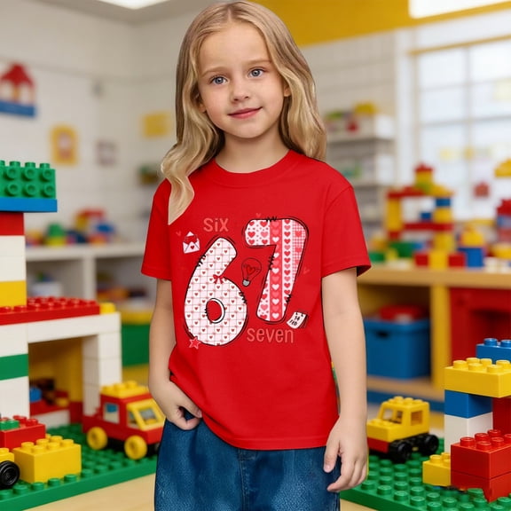JIAYUE Valentines Day Kids Boys Girls Tops 67 T-Shirt Graphic Print Short Sleeve Drop Shoulder Crew Neck Cozy Soft For Kids Seasonal Everyday Wear