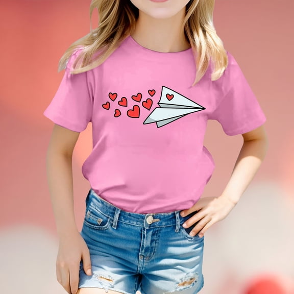 JIAYUE Valentines Day Kids Boys Girls Tops Cartoon Print Short Sleeve Crew Neck Pull-On Lightweight T Shirt For Toddler Casual Dailywear