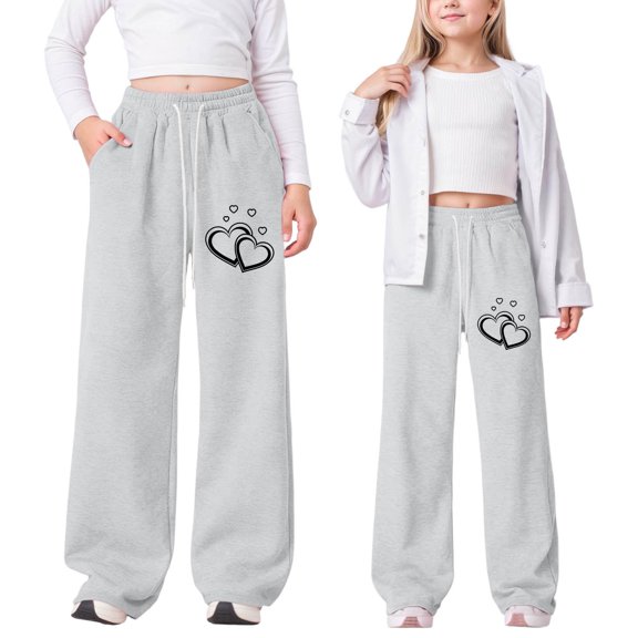 JIAYUE Valentines Day Kids Girls Pants Heart Print High Waisted Straight-Leg Long with Drawstring Girlfriend Slacks For Kids Seasonal Trousers
