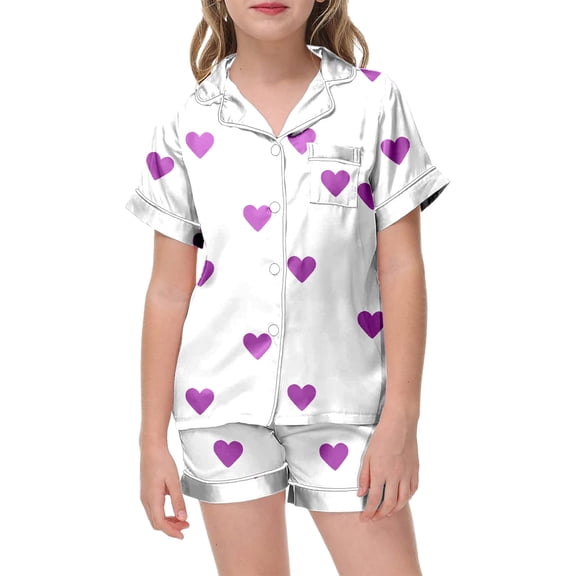 JIAYUE Valentines Day Spring Boys Girls Outfits Heart Print Short Sleeve Collared Button Shirts and Shorts Cozy Soft For Kids Seasonal Dailywear