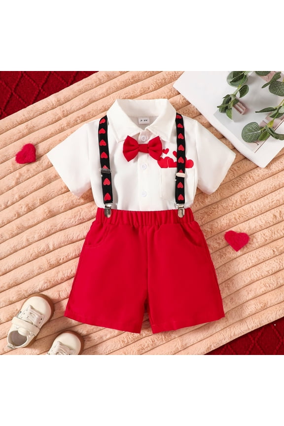 Valentines Day Suit Valentines Day Outfit Sets For Boys Solid Color Short Sleeve Collared Pull-On Blouse Shorts Gentleman For Child Comfortable Outfits