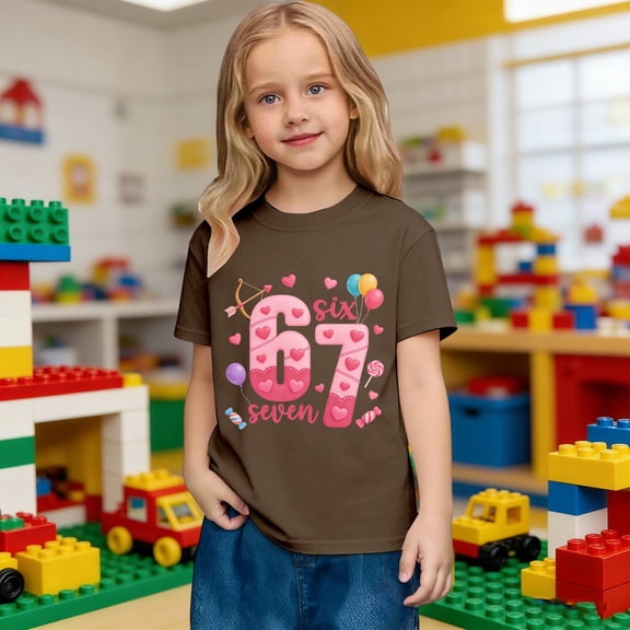 JIAYUE Valentines Day T-Shirts For Kids Boys Girls 67 Graphic Print Short Sleeve Drop Shoulder Crew Neck Classic Fit For Child Casual Playwear