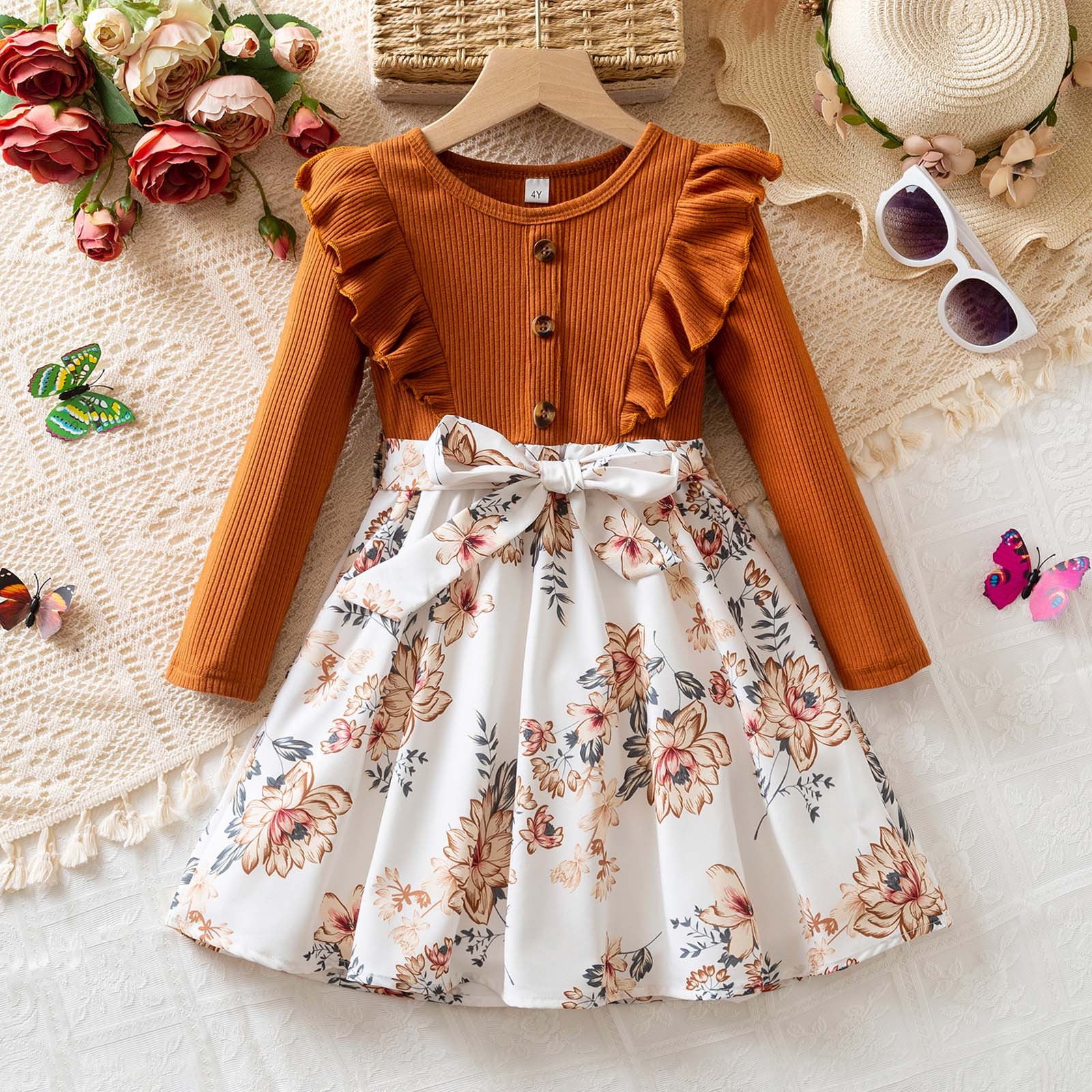 brown floral dress girls JIAYUE Winter Autumn Long Sleeve With Bow Printed Flared Hem Party Dresses For Child 3 7 Years Old Everyday Wear(Brown) Black Long Dress with High split Tamanhos:0 Traditional /Everyday
