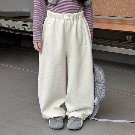 JIAYUE Winter Boys Girls Pants Solid Color Mid Waisted Loose Long Snug Warmth Boyfriend Trousers For Kids Casual Dailywear