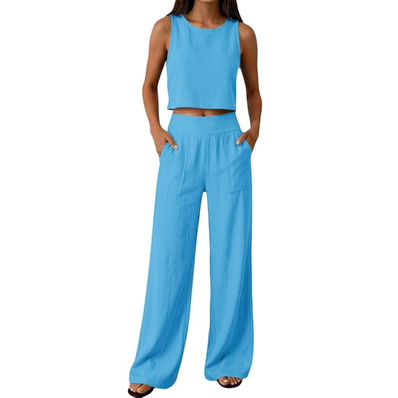 JIAYUE Women 2 Piece Outfit Crew Neck Sleeveless Solid Color Crop Tank Top Elastic Waist Pants for Vacation Beach Travel