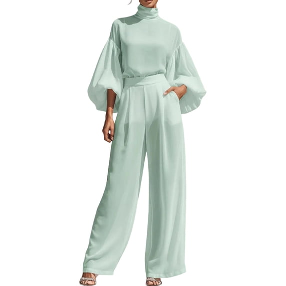 JIAYUE Women 2 Piece Outfit Turtleneck Puff Balloon 3/4 Sleeve Blouse High Waist Wide Leg Pants Set for Comfortable Wear