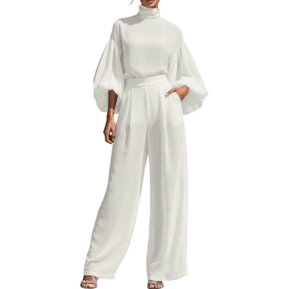 JIAYUE Women 2 Piece Outfit Turtleneck Puff Balloon 3/4 Sleeve Blouse High Waist Wide Leg Pants Set for Festival Gathering