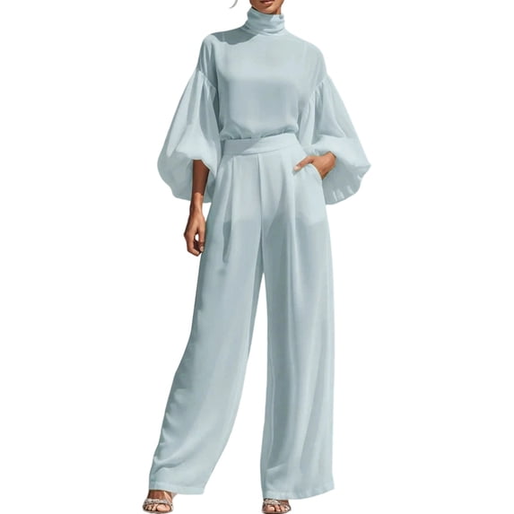 JIAYUE Women 2 Piece Outfit Turtleneck Puff Balloon 3/4 Sleeve Blouse High Waist Wide Leg Pants Set for Outdoor Walking