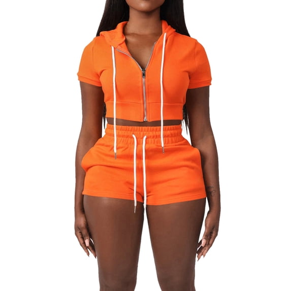 JIAYUE Women 2 Piece Outfits Sets Casual Fashion Short Sleeve Zipper Crop Hooded Soft Solid Color Sweatshirts And Shorts Female Trendy Clothing Set