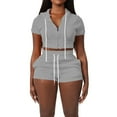 thumbnail image 1 of JIAYUE Women 2 Piece Outfits Sets Casual Fashion Short Sleeve Zipper Crop Hooded Soft Solid Color Sweatshirts And Shorts Female Trendy Clothing Set, 1 of 3