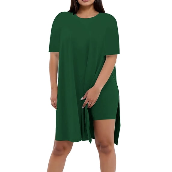 JIAYUE Women 2 Piece Outfits Sets Casual Short Sleeve Oversized Solid Color Tops Tight Shorts For Daily Wear Side Slit Spring Summer Versatile Fashion Round Neck Female Clothing Set