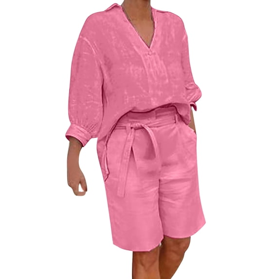JIAYUE Women 2 Piece Outfits Sets Casual Solid Color V Neck Loose Fit 3/4 Sleeve Top And Knee-Length Shorts Ladies Breathable Clothing Set