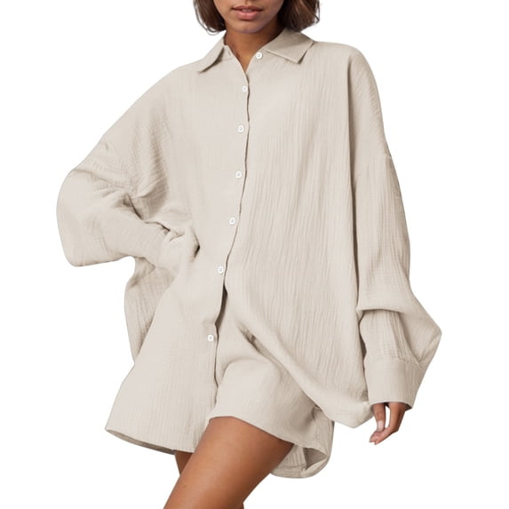 JIAYUE Women 2 Piece Outfits Sets Solid Color Lapel Long Sleeve Casual Linen Blend Poplin Shirt And Shorts Button Ladies Stylish Clothing Set