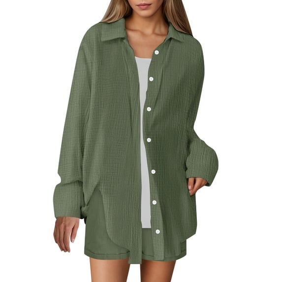 JIAYUE Women 2 Piece Outfits Sets Solid Color Lapel Long Sleeve Casual Linen Blend Poplin Shirt And Shorts Button Ladies Stylish Clothing Set