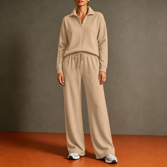 JIAYUE Women 2 Piece Outfits Solid Color Half Zip Collar Long Sleeve Top and Drawstring Wide Leg Pants Set for Casual Workout