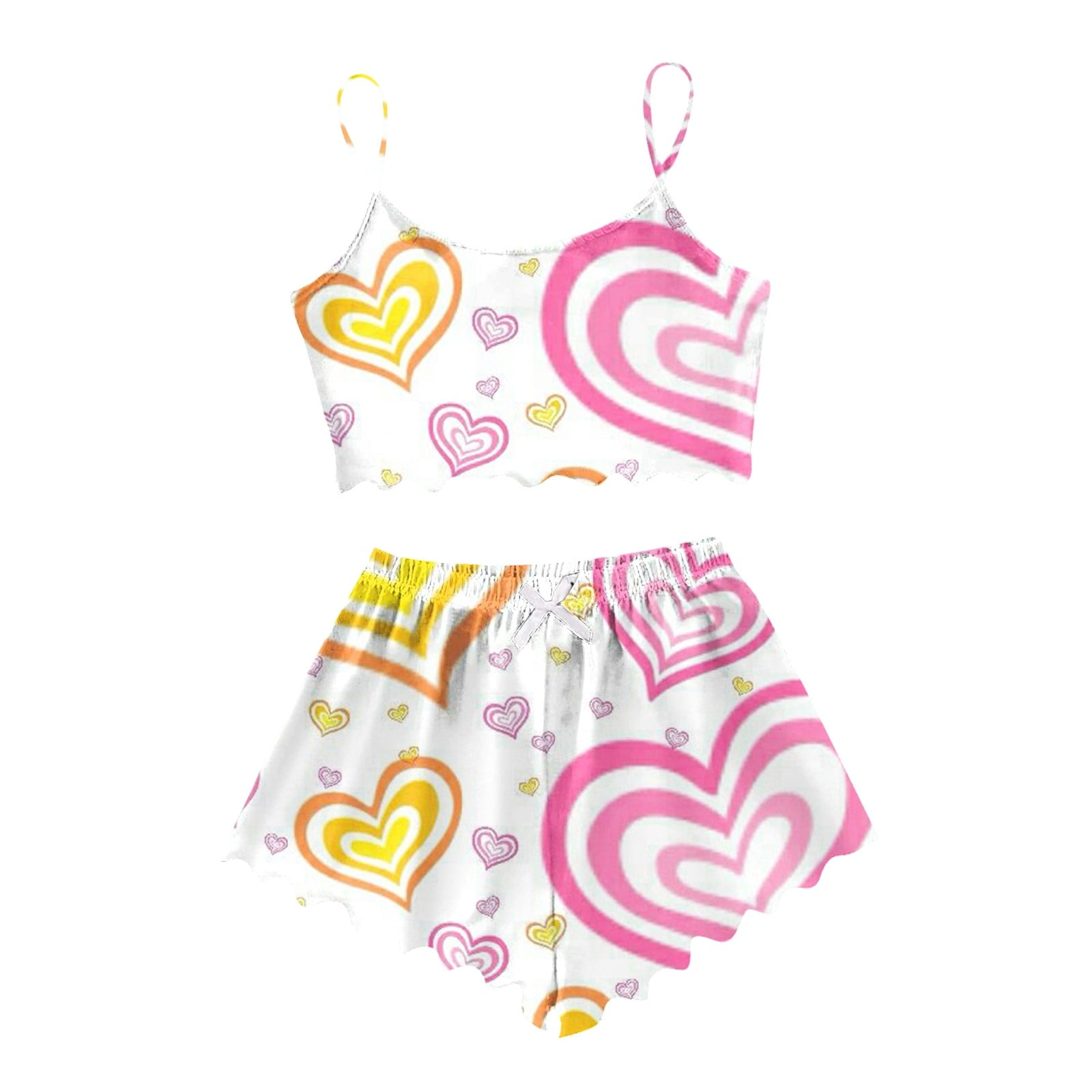 JIAYUE Women 2 Piece Pjs Set Sleeveless Cami Crop Top & Shorts Heart Print Stain Nightwear for Baggy Night