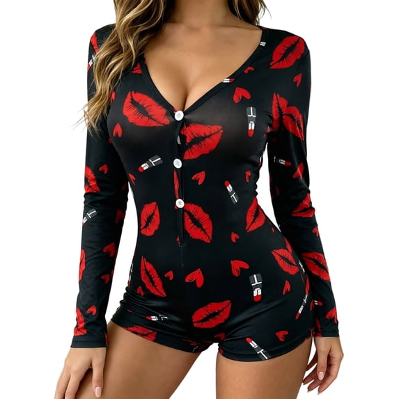 JIAYUE Women Bodysuit Pajamas Long Sleeve V Neck Button Front Cute Print Stretchy Loungewear Romper for Fall Themed Party