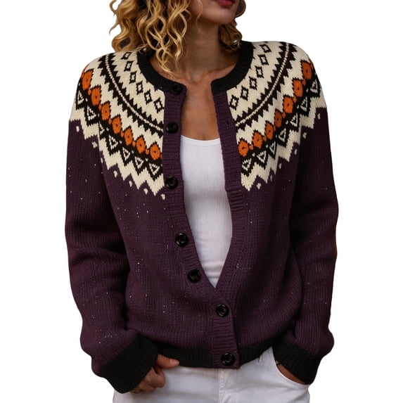 JIAYUE Women Cardigan Button Front Crew Neck Long Sleeve Fair Isle Print Knit Sweater for Outdoor Relaxing