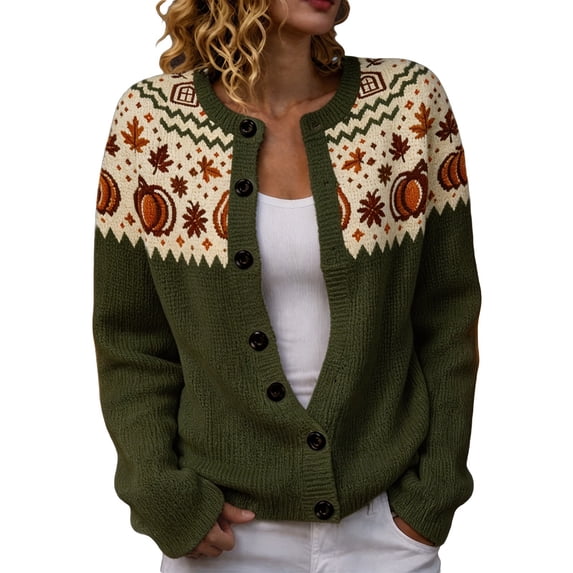 JIAYUE Women Cardigan Button Front Crew Neck Long Sleeve Halloween Pumpkin Print Fair Isle Print Knit Sweater for Outdoor Relaxing