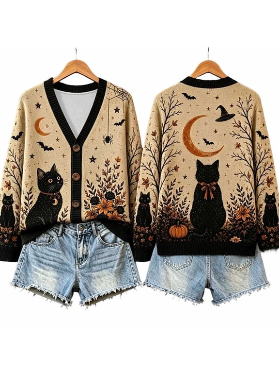 Women Cardigan Halloween Print Fair Isle Knit V Neck Button Front Long Sleeve Cropped Loose Outerwear For Daily Casual Walking