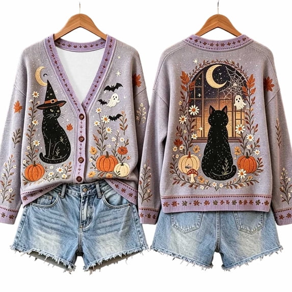 JIAYUE Women Cardigan Halloween Print Fair Isle Knit V Neck Button Front Long Sleeve Cropped Loose Outerwear For Fall Festival