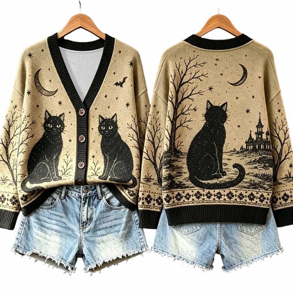 JIAYUE Women Cardigan Halloween Print Fair Isle Knit V Neck Button Front Long Sleeve Cropped Loose Outerwear For Outdoor Relaxing