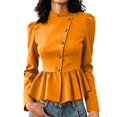 thumbnail image 1 of JIAYUE Women Cardigan Stand Collar Solid Color Long Sleeve Peplum Jacket Button Front Puff Shoulder Tops For Casual Fall Wear, 1 of 9