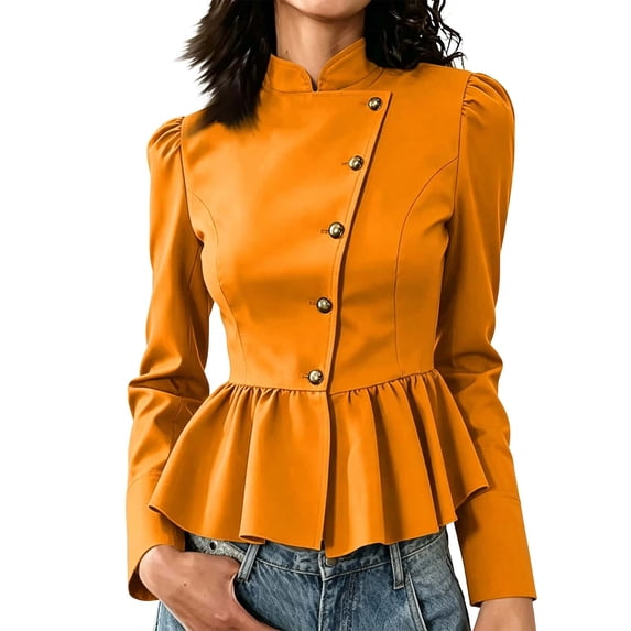 JIAYUE Women Cardigan Stand Collar Solid Color Long Sleeve Peplum Jacket Button Front Puff Shoulder Tops For Casual Fall Wear