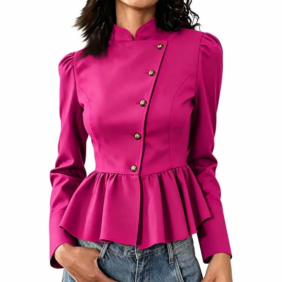 JIAYUE Women Cardigan Stand Collar Solid Color Long Sleeve Peplum Jacket Button Front Puff Shoulder Tops For Social Party