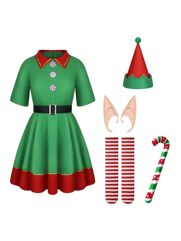 Women Christmas Elf Costume Short Sleeve Flare Dress with Elf Hat Elf Ears Striped Socks Candy Cane Prop Holiday Cosplay Outfit